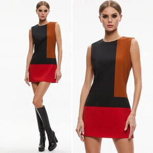 ALICE + OLIVIA Wynell Mini Dress Brown Black Red Sheath Sleeveless Crew Neck NEW
